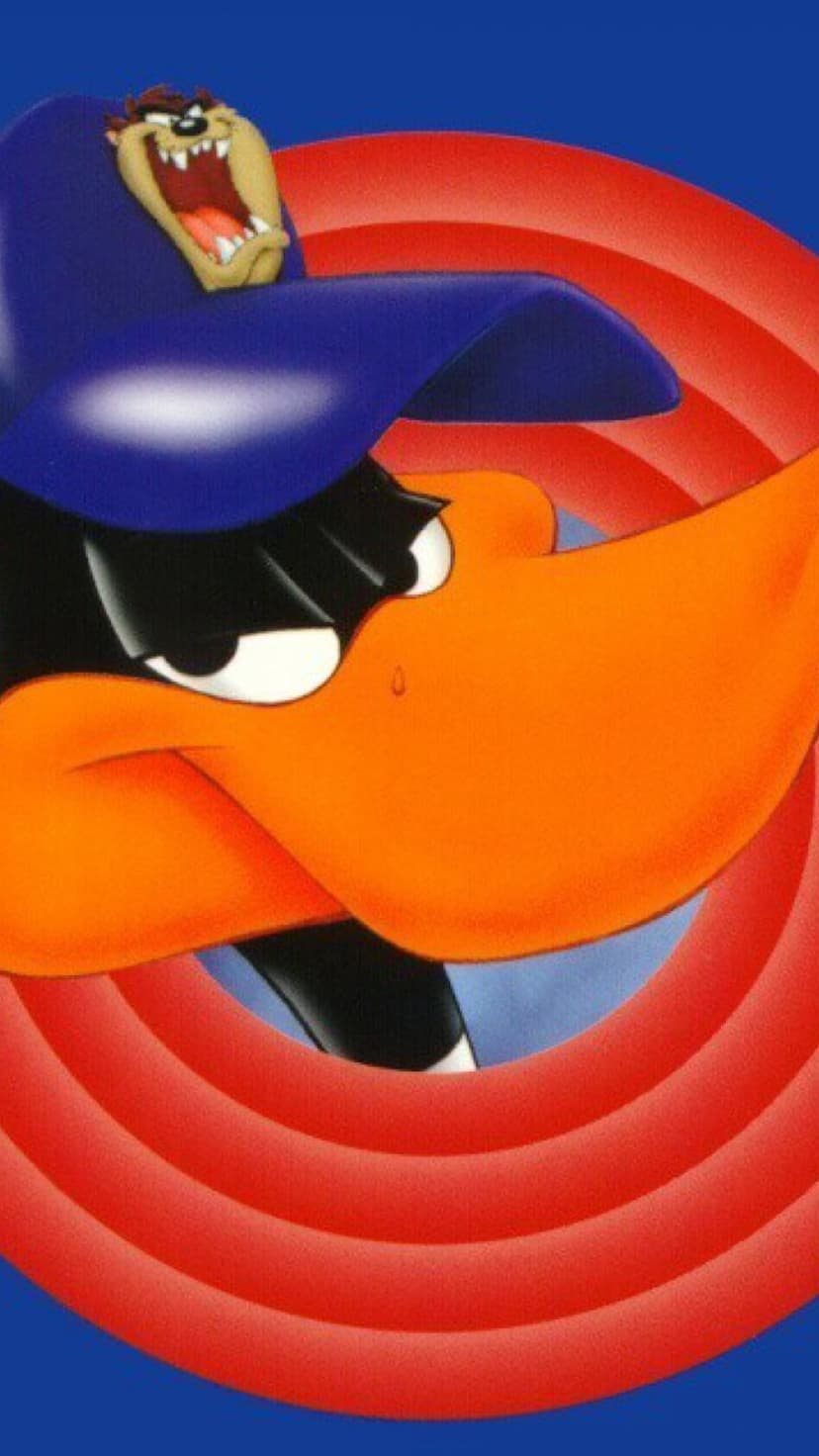 Taz the Tasmanian Devil and Daffy Duck appear before red and blue rings in this vertical character close-up.