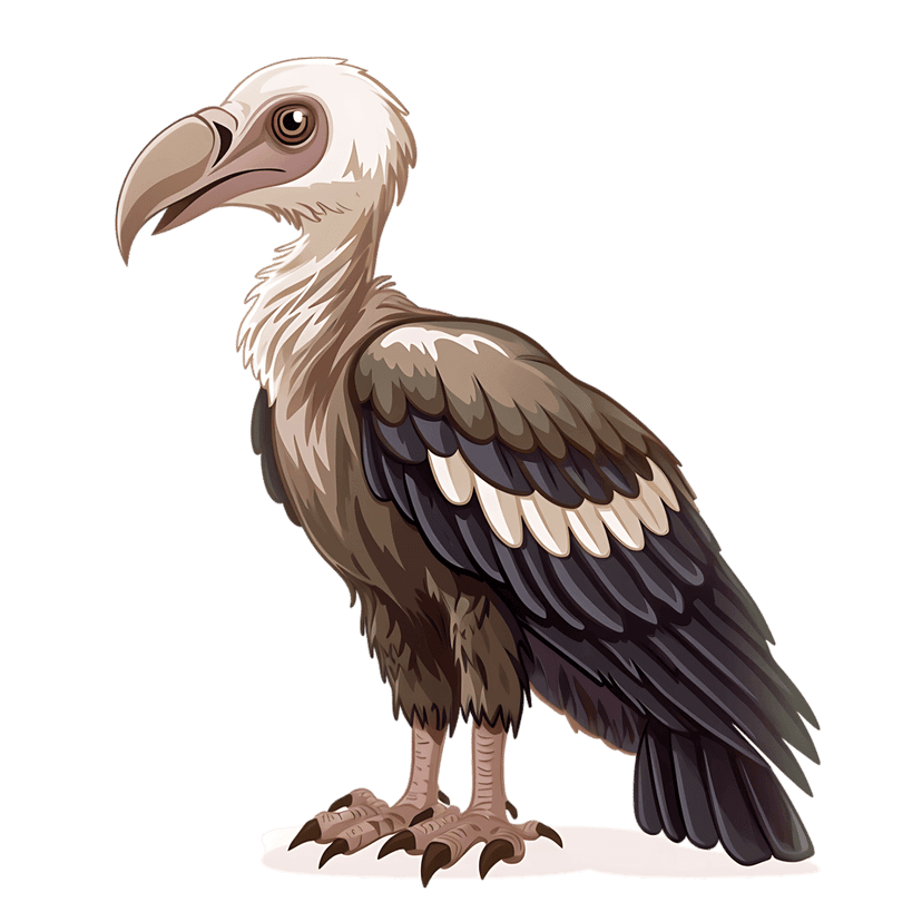 Vulture bird profile illustration with layered grey plumage, curved hooked beak, and sharp talons on a white base.