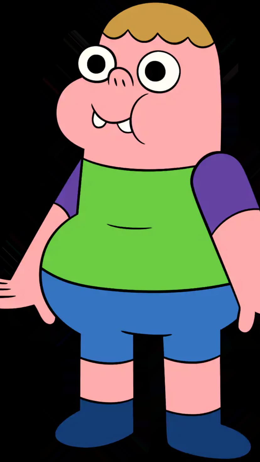 Clarence stands with a cheerful expression, wearing a green shirt and blue shorts against a plain background.