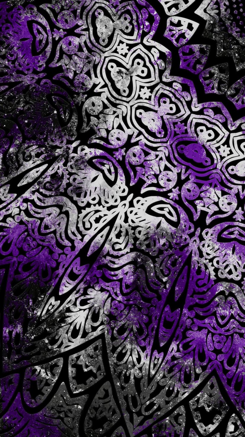 Purple and silver fractal spirals featuring metallic textures and complex geometric curves on a black backdrop.