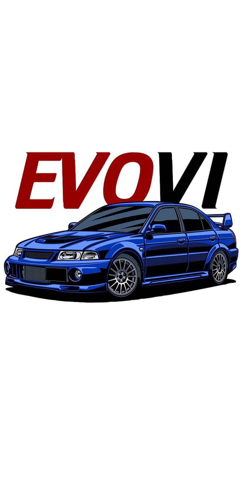 Blue Mitsubishi Lancer Evolution VI rally car featuring a large rear spoiler and aggressive front bumper vents.