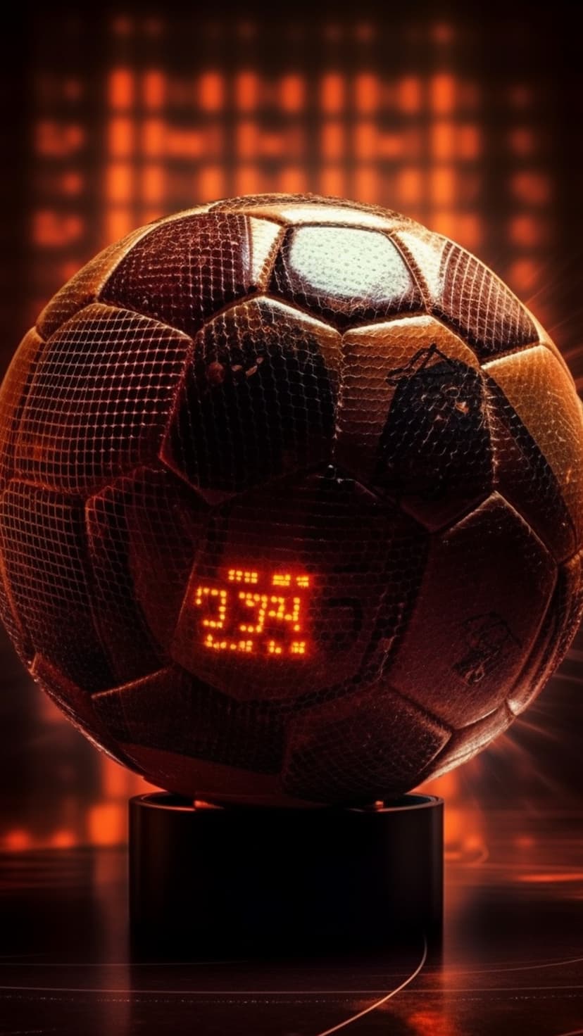 Soccer ball with metallic textures and a glowing orange digital timer rests on a dark minimalist pedestal.