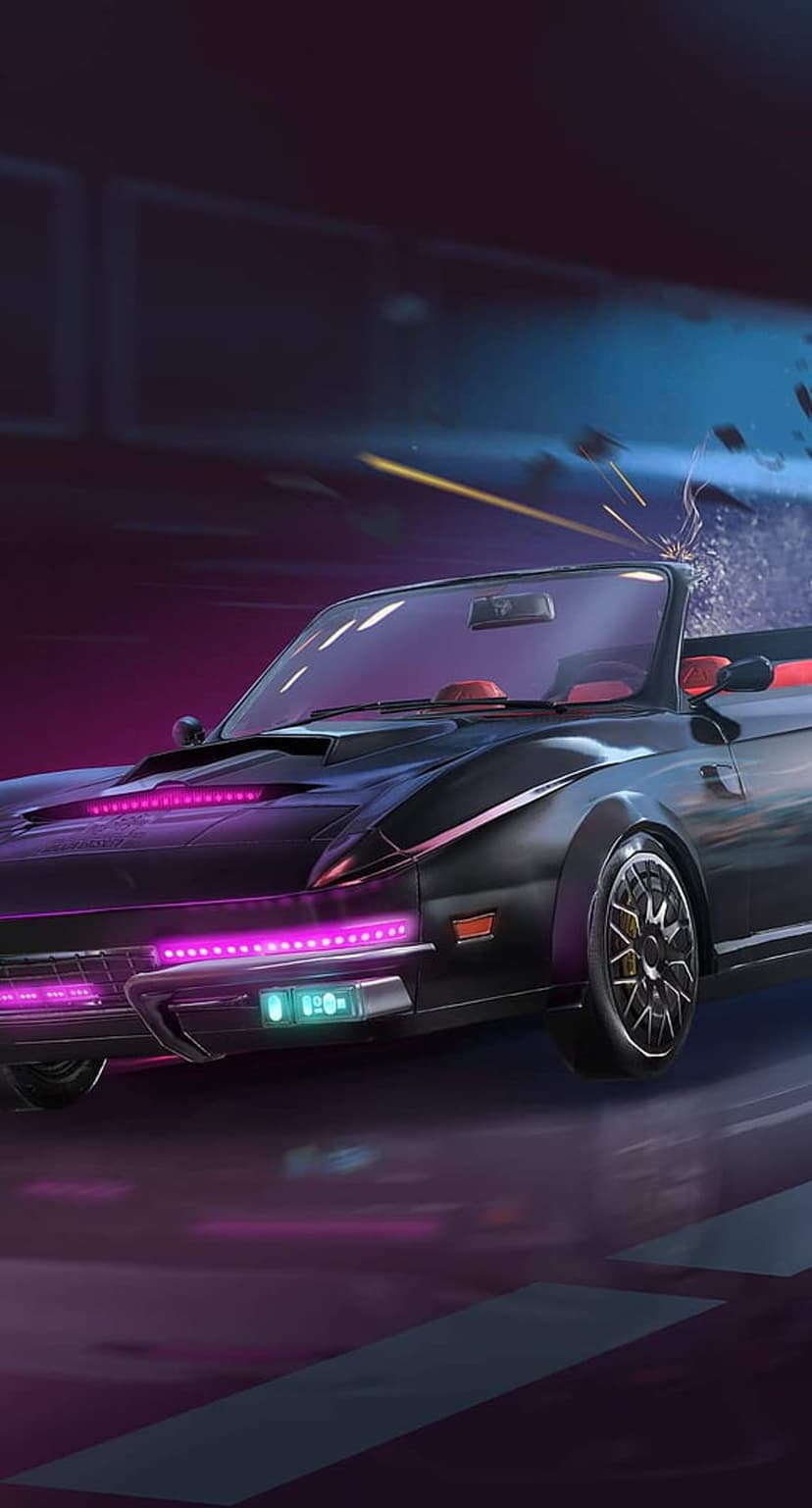 Black convertible car with purple neon lights and a cracked windshield driving through a futuristic city.