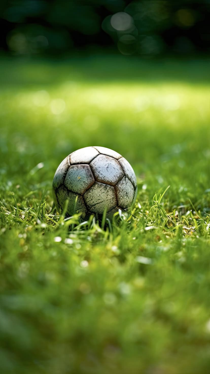 Weathered soccer ball resting in lush green grass with soft sunlight and a blurred background bokeh effect.