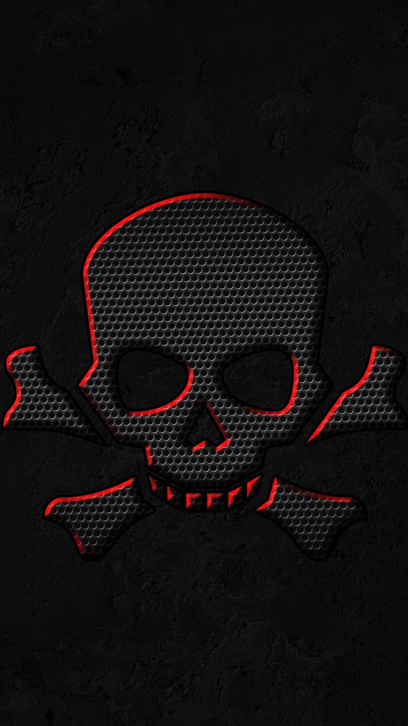 Crimson skull and crossbones with glowing red outlines positioned on a dark industrial black grid surface.
