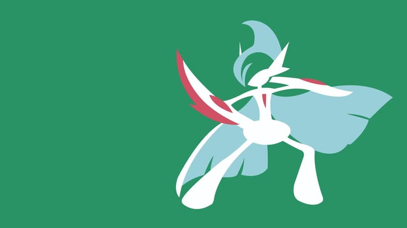 Mega Gallade in a combat pose with red arm blades and a blue cape on a flat minimalist dark green background.