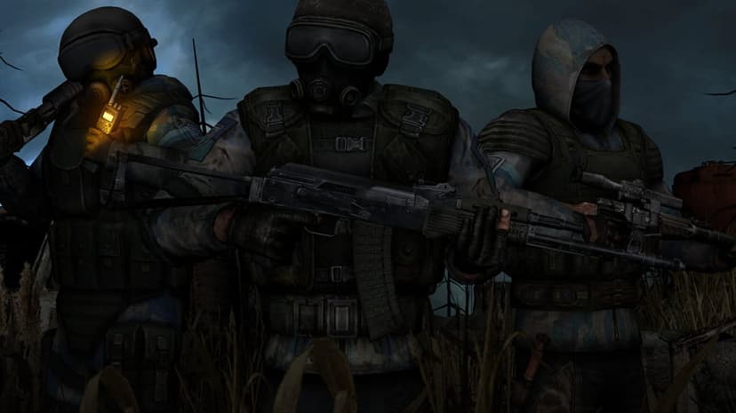 Three soldiers in gas masks and blue camo hold rifles in a dark, overgrown field under a stormy, overcast sky.