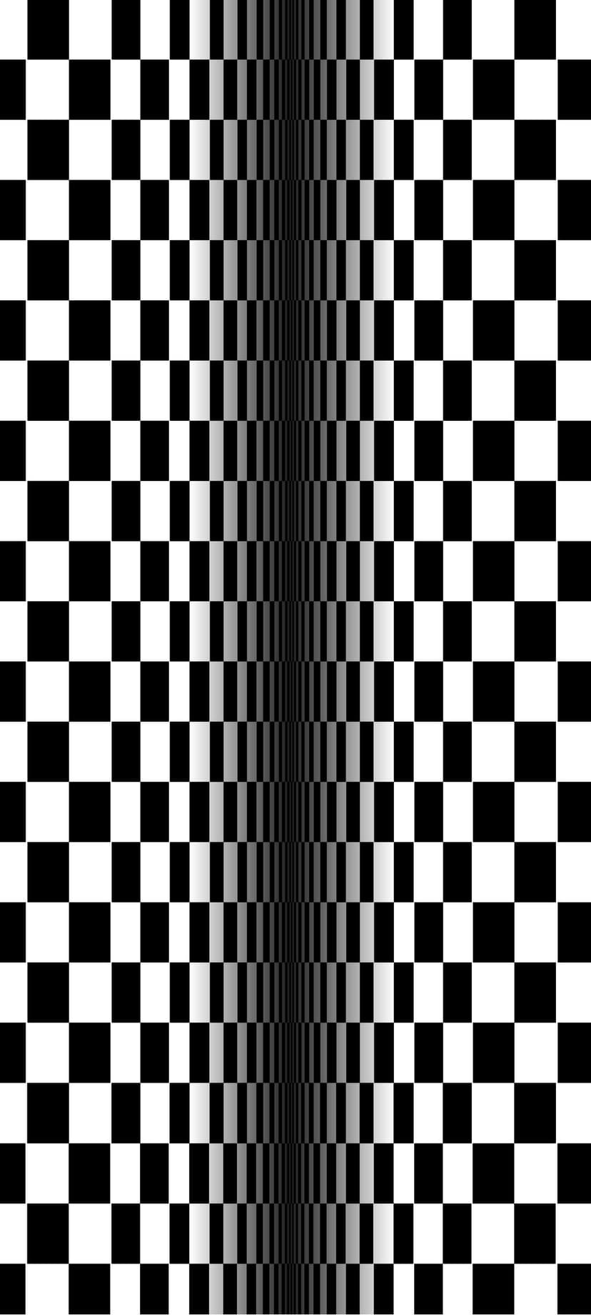 Checkerboard squares transition into thin vertical stripes, creating a warped depth effect in monochrome tones.