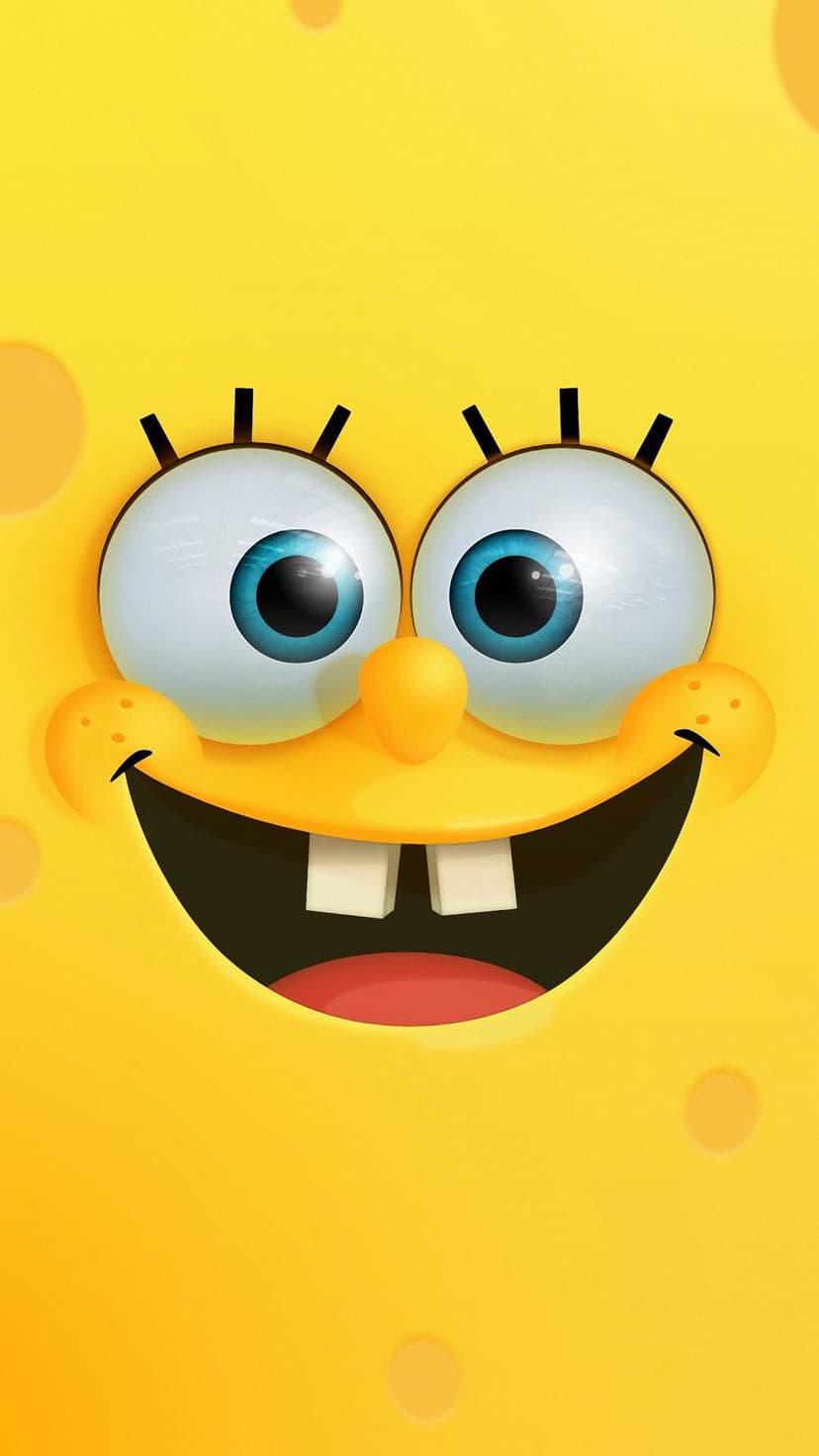 SpongeBob SquarePants shows a joyful expression with large blue eyes and buck teeth against a yellow background.