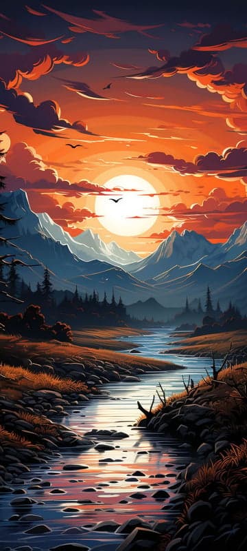 Fiery Sunset Over Mountain River Landscape
