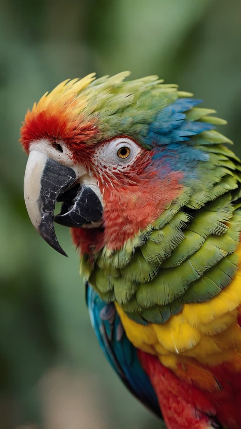 Macaw parrot with red, green, and blue feathers features a sharp black beak and golden eye against a soft background.
