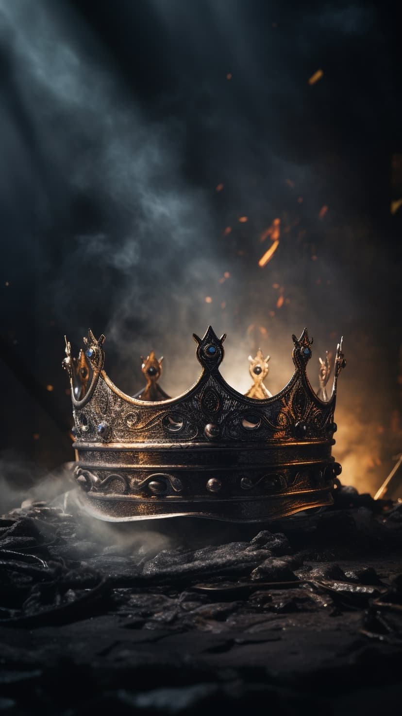 Ornate gold crown sitting on scorched earth surrounded by thick grey smoke and glowing orange embers in shadow.