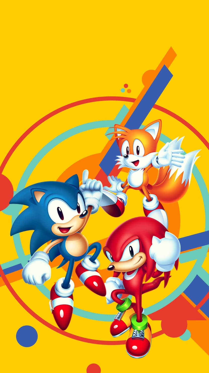 Sonic the Hedgehog, Tails, and Knuckles pose against a yellow background with geometric shapes and circles.