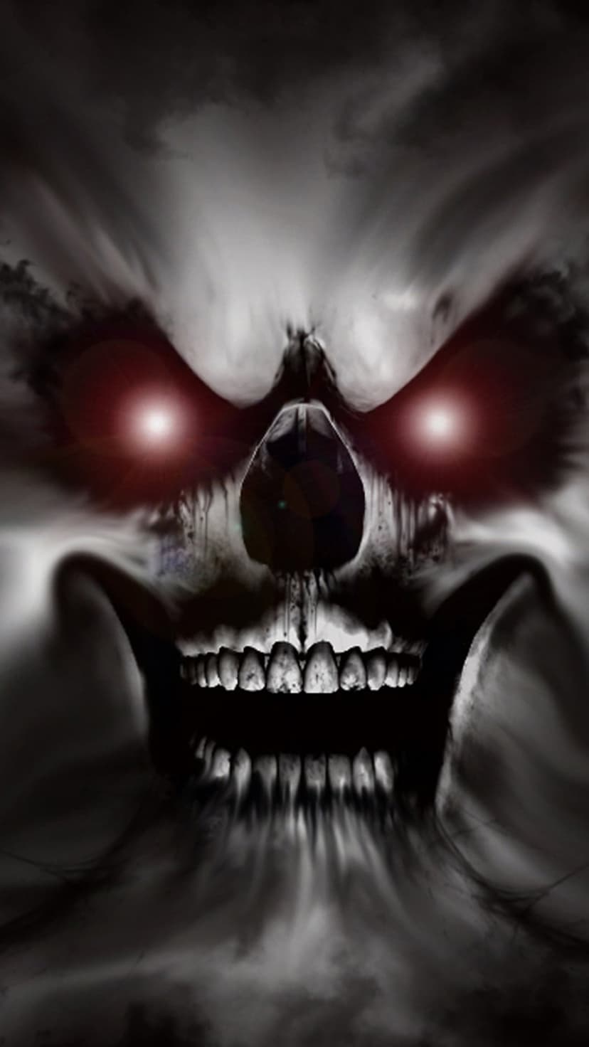 Skeletal skull with glowing red eyes and sharp fangs surrounded by dark swirling smoke and thick shadows.