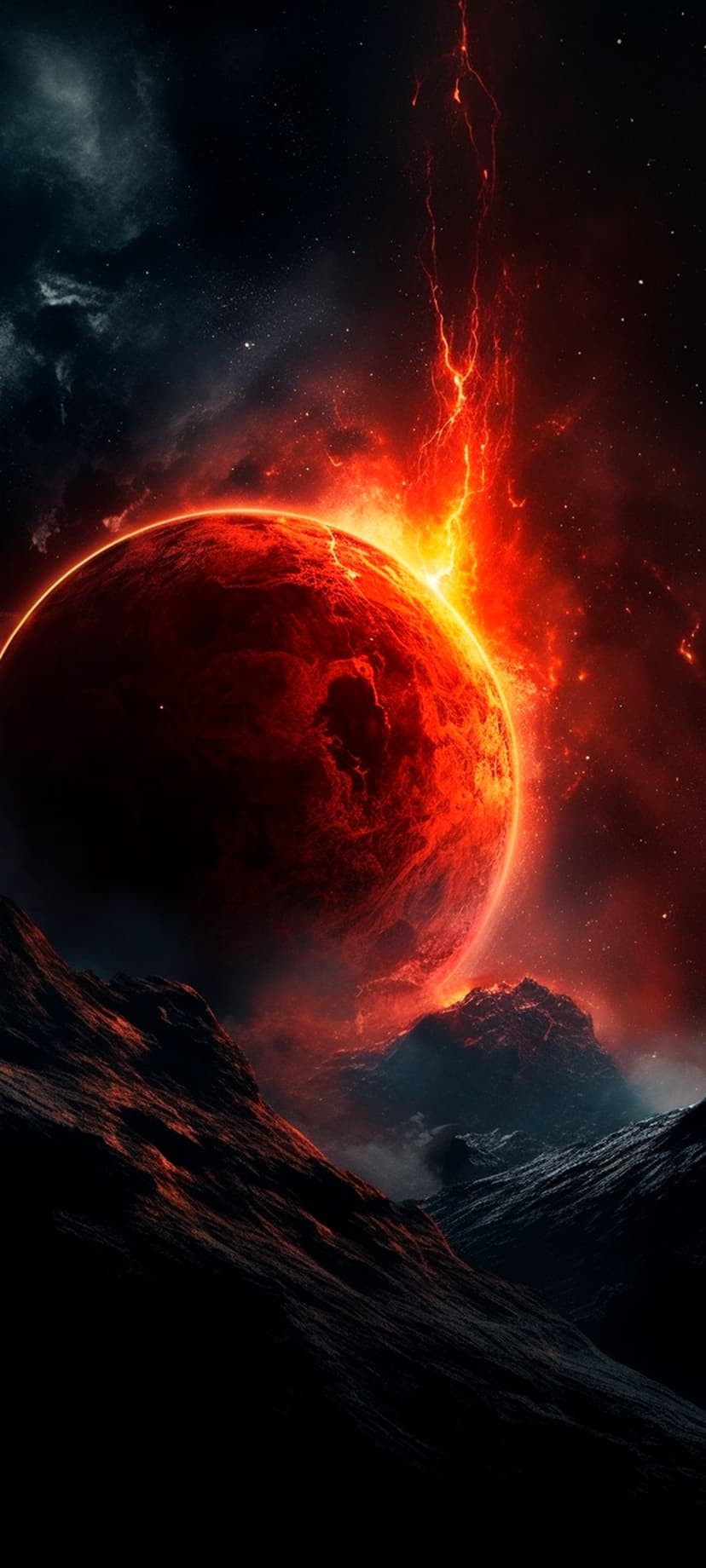 Molten exoplanet with glowing orange lava fissures suspended above dark, sharp mountain peaks in deep space.