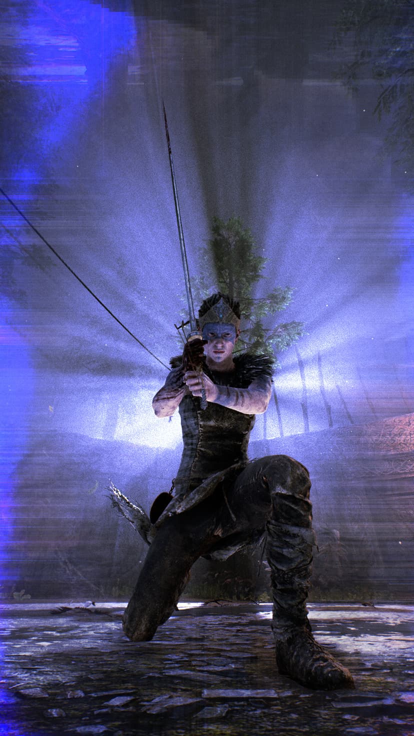 A female warrior with blue face paint kneels holding a sword under glowing blue light rays in a dark forest.