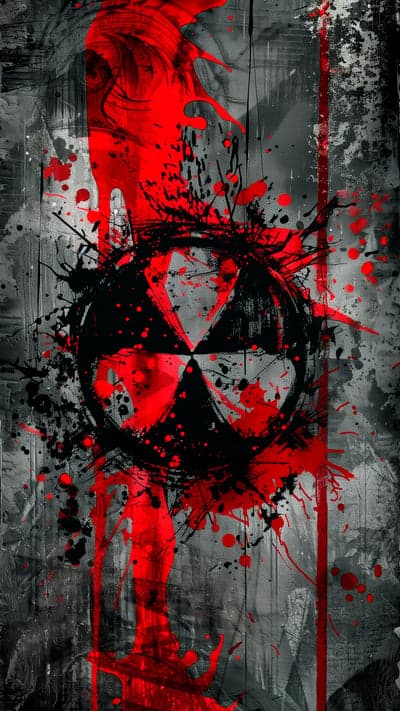Radioactive Symbol with Red and Black Splatter
