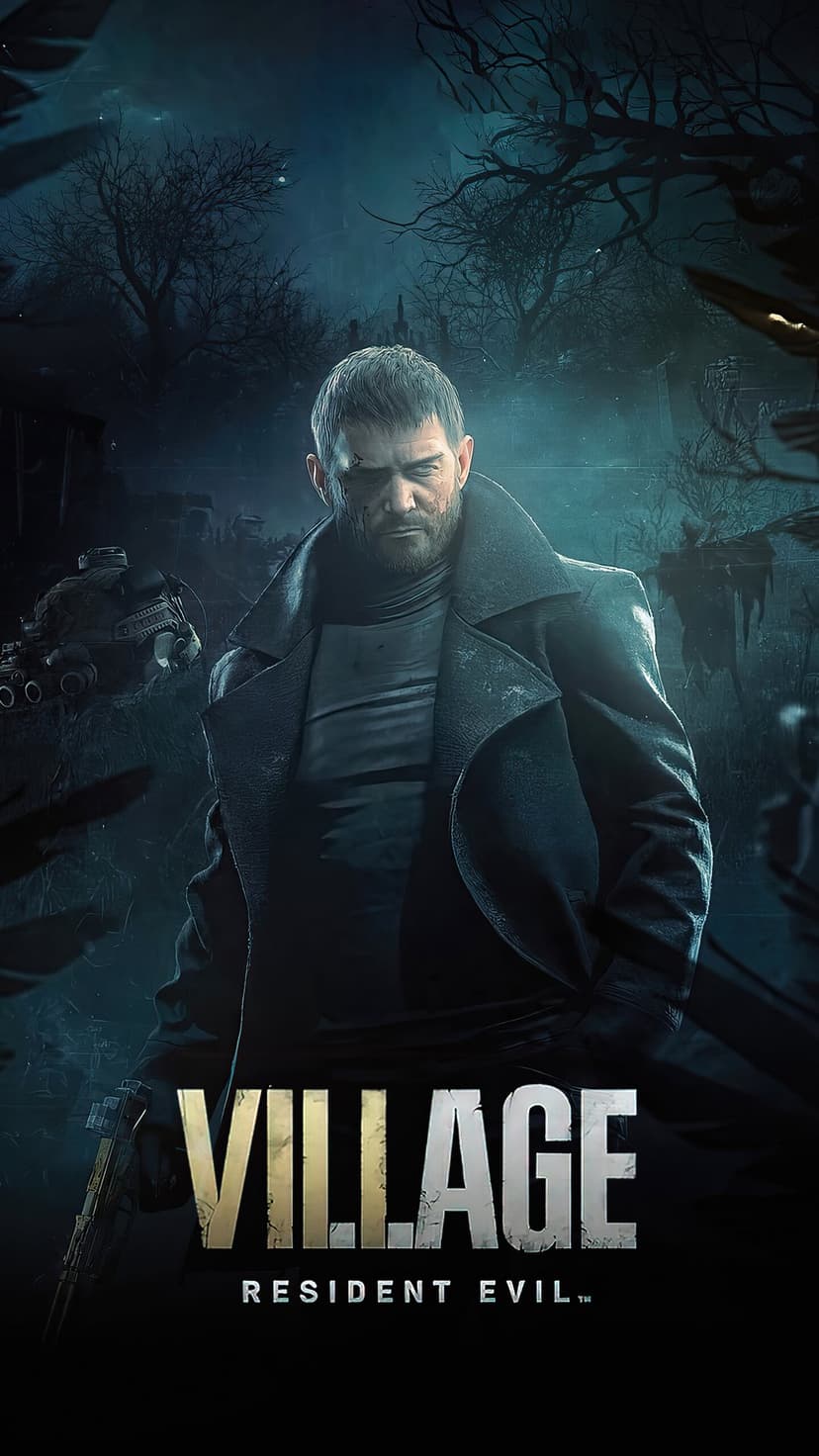 Chris Redfield in a dark coat against a misty forest backdrop with the Resident Evil Village title below.