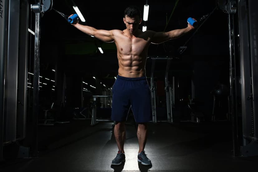 Muscular man performing cable fly exercises with handles in a dark modern gym, showing defined abdominal muscles.
