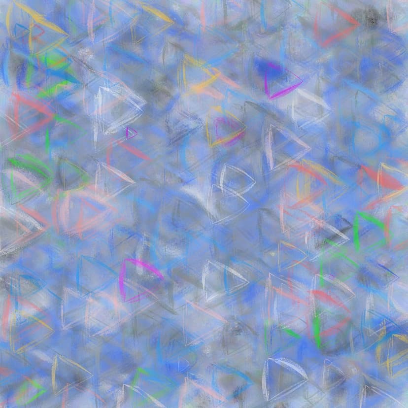 Blue geometric triangles layered with thin pink, green, and yellow strokes on a mottled azure textured background.