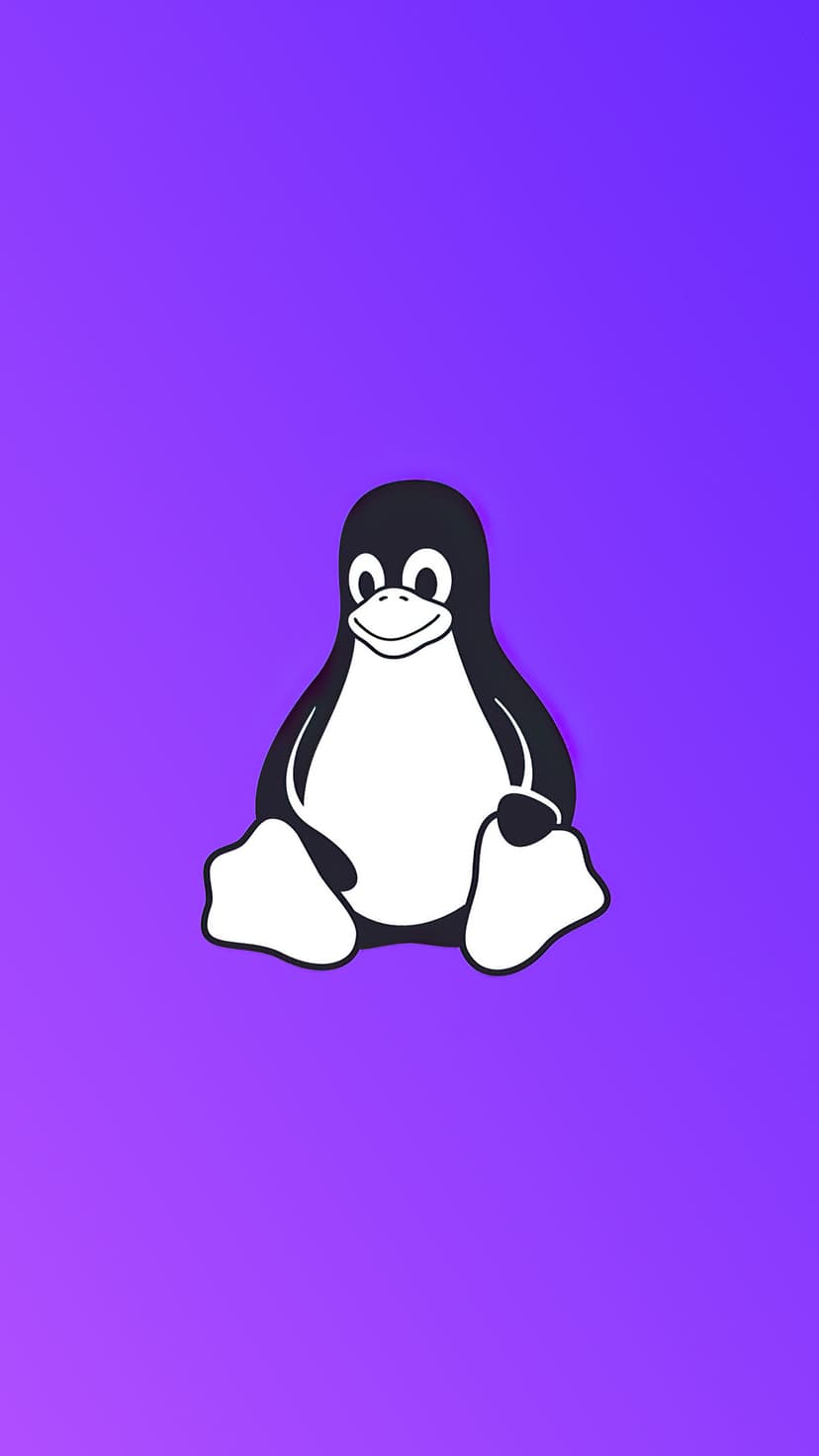 Tux the penguin mascot sits in the center of a vibrant purple gradient fading from light lavender to dark violet.