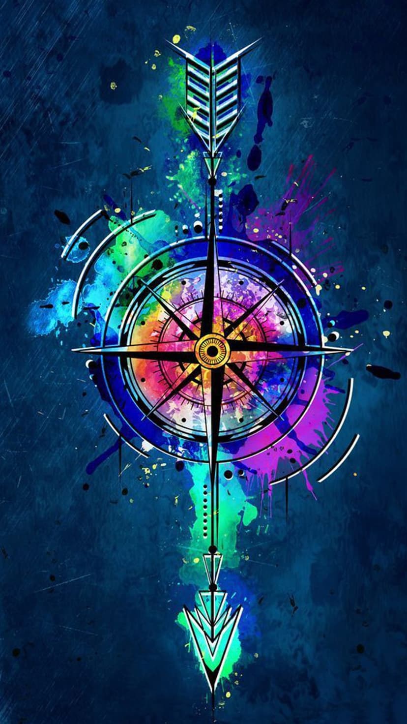 Compass rose with neon pink and blue watercolor splashes features a central arrow on a dark textured background.