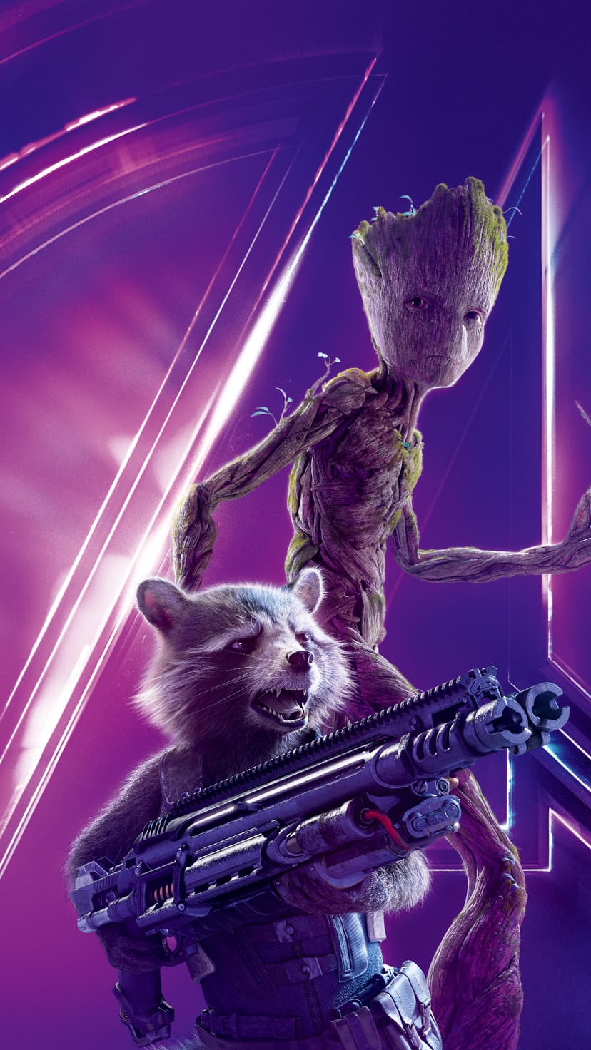 Rocket Raccoon and Groot hold futuristic guns against a purple geometric background during a sci-fi battle scene.