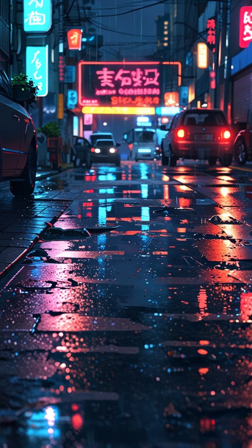 Wet city street at night with red and blue neon reflections, misty air, and car headlights on the road.
