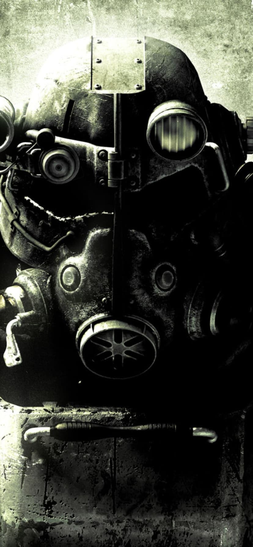 Close-up of a weathered metal T-45 Power Armor helmet with glowing lenses and industrial details.