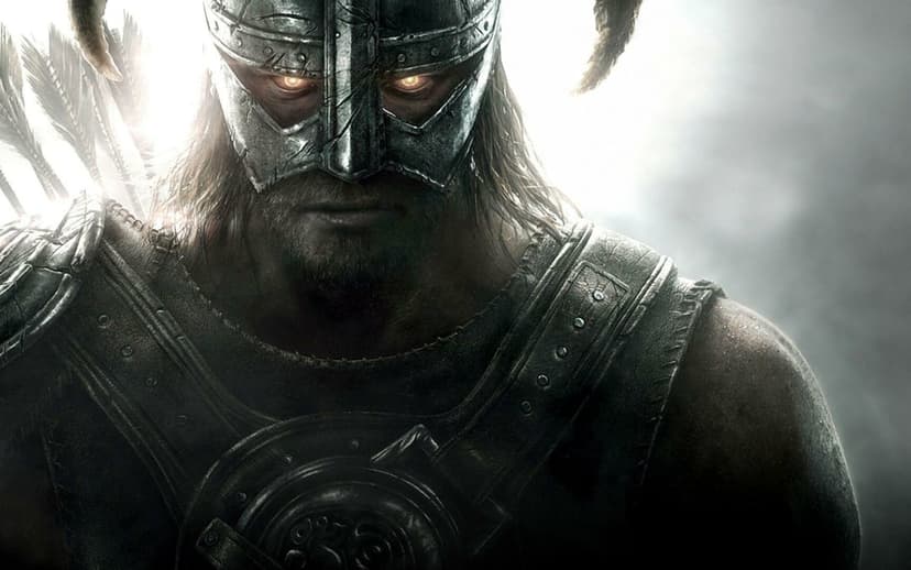 Nordic warrior with glowing orange eyes wearing a horned iron helmet and leather armor in dark cinematic light.