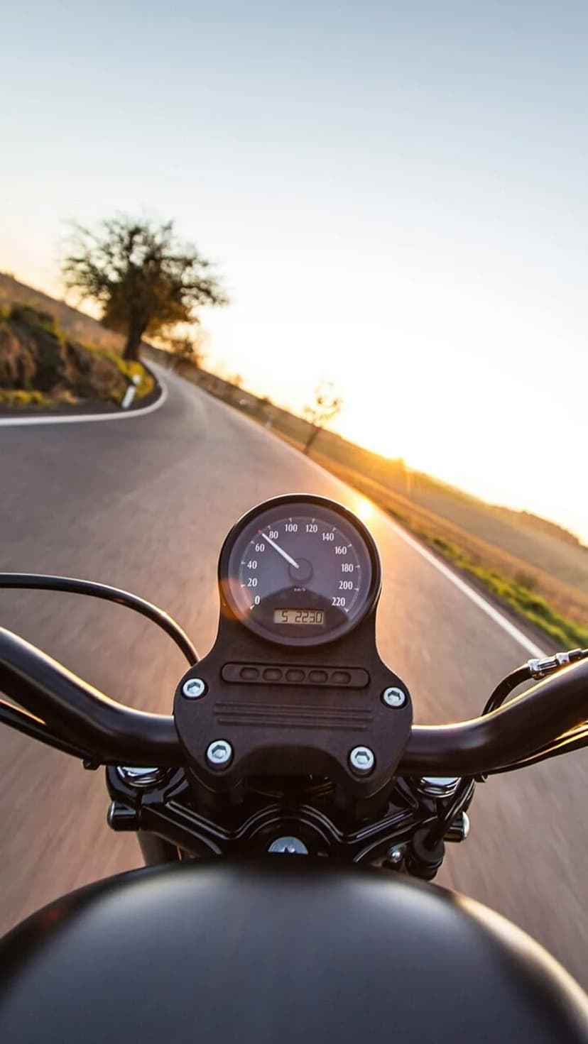 Motorcycle handlebars and speedometer face a winding road during a vibrant golden sunset on a tree-lined hill.
