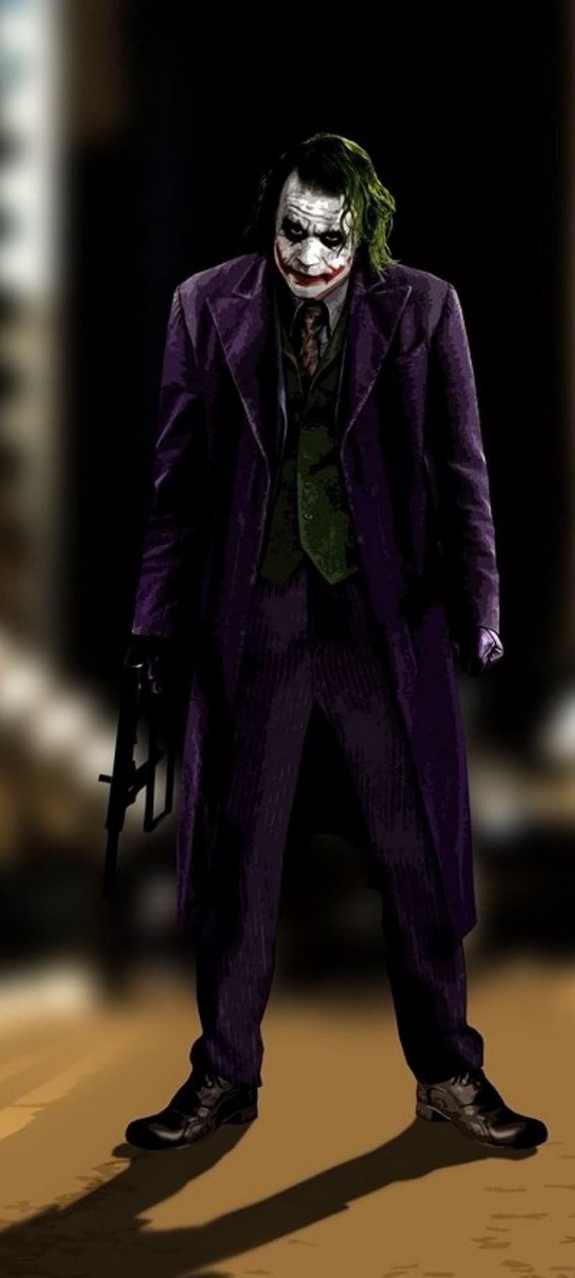 The Joker stands in a purple suit and green vest holding a handgun against a blurred orange background.