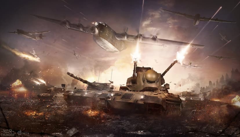 Flakpanzer Gepard firing at a massive BV 238 flying boat over a scorched battlefield with tanks and fire.