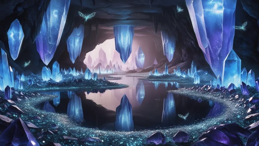 Massive glowing blue crystals and violet flora reflect in a still underground pond within a dark rocky cave.