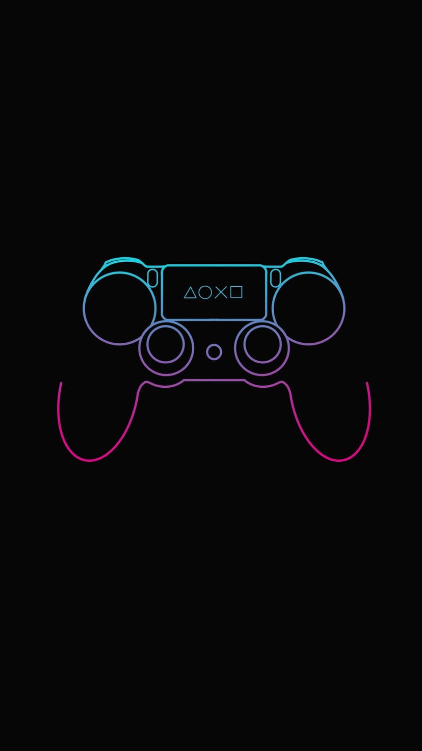 Playstation controller silhouette rendered in glowing blue and pink neon lines on a deep black backdrop.