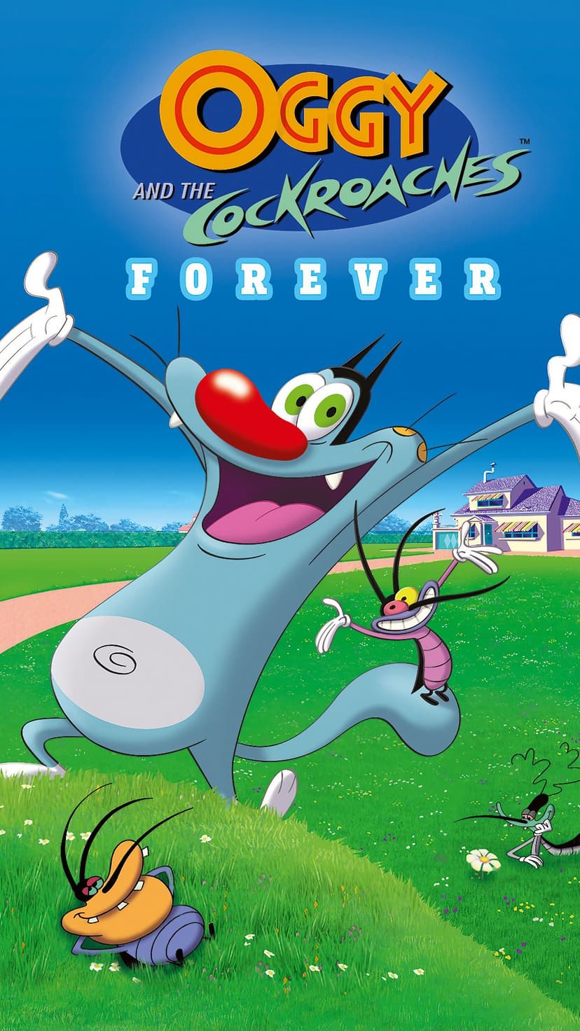 Oggy the blue cat smiles on a green lawn with three cockroaches against a clear sky and distant purple house.
