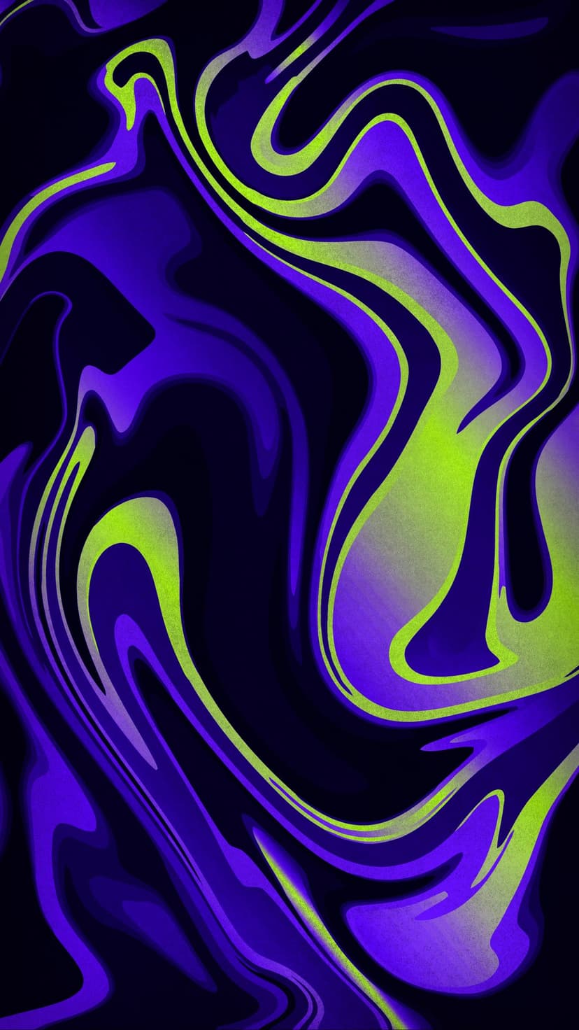 Intertwined neon purple and lime green fluid swirls flow across a solid black background in a vertical layout.