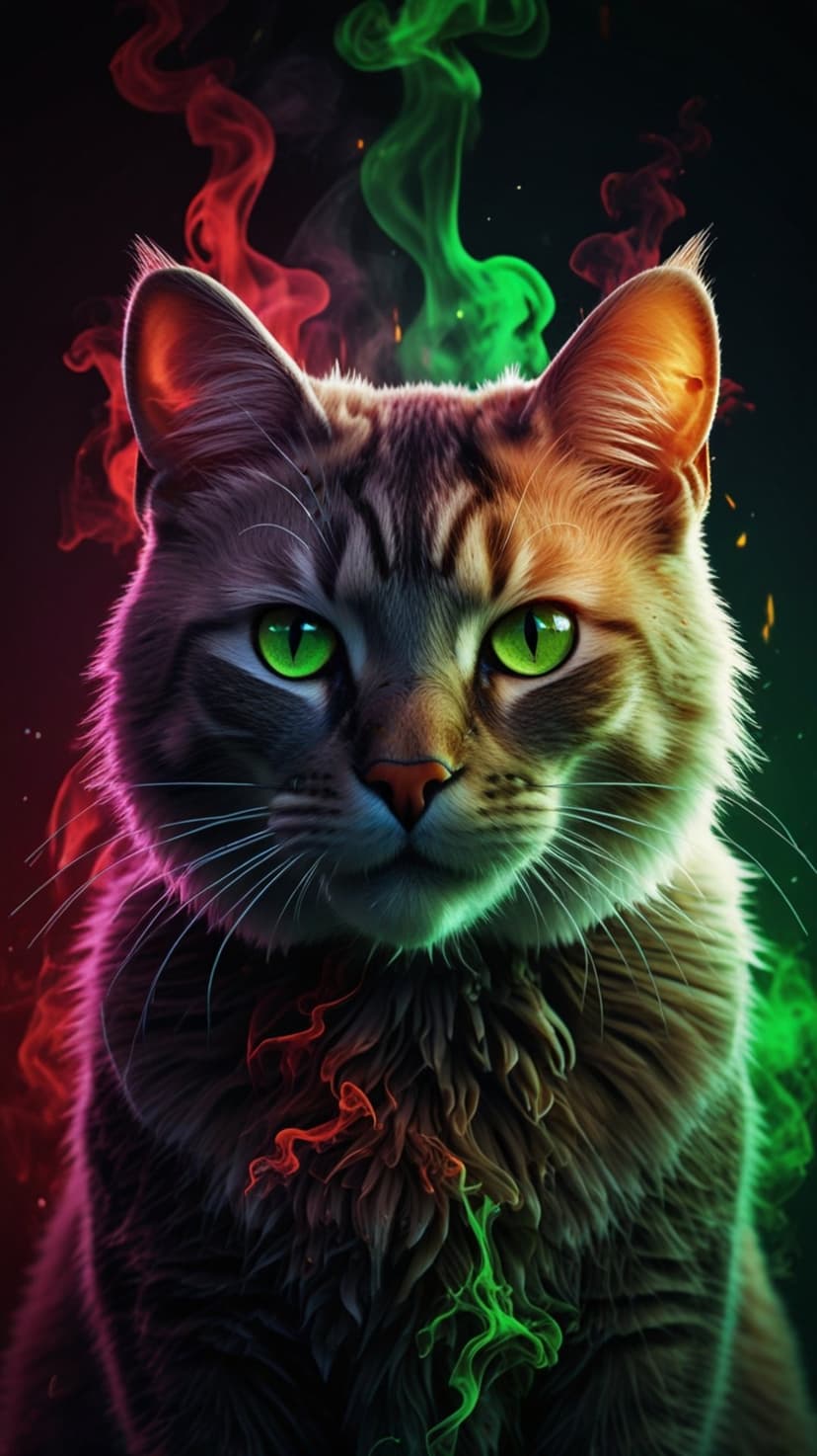 Tabby cat with luminous green eyes peering through dense red and emerald smoke wisps on a pitch-black background.