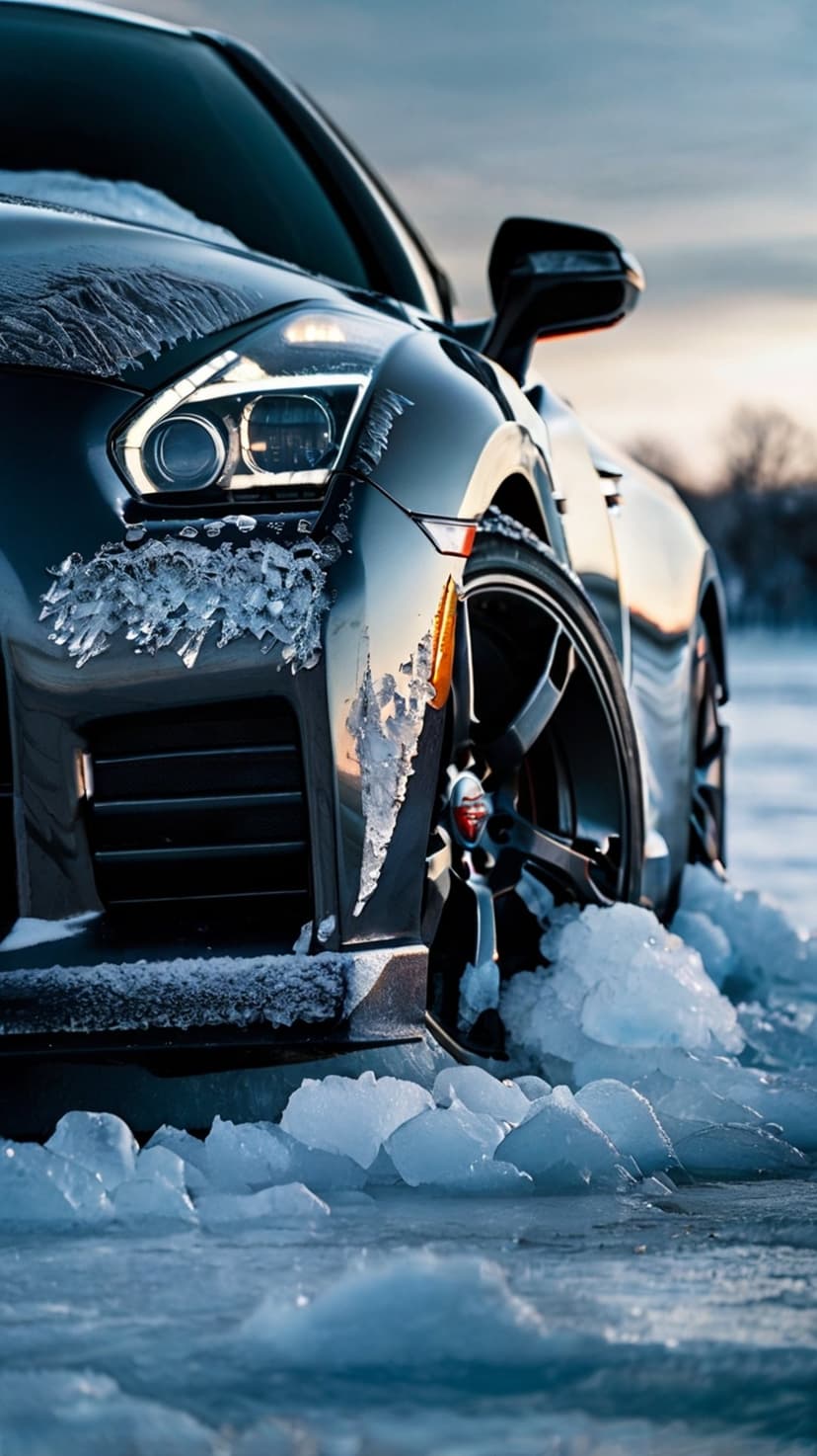 Modern car partially encased in thick ice and snow on a frozen lake with glowing headlights under a dim sky.