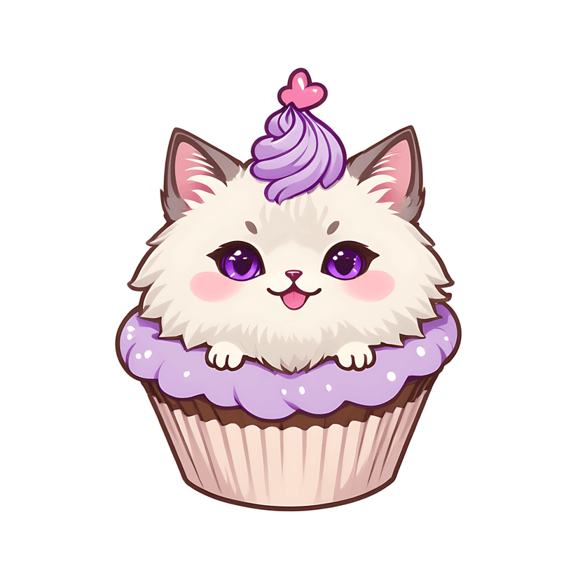 White kitten in purple cupcake sticker with a pink heart and large violet eyes in a front-facing pose.