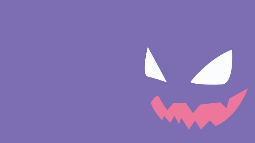 Minimalist Haunter face with glowing white eyes and a jagged pink grin on a solid purple background.