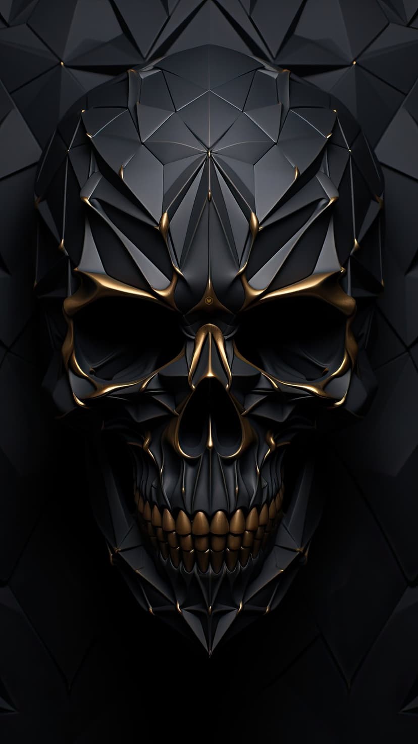 Faceted geometric skull with matte black surfaces and polished gold edges against a dark, angular background.