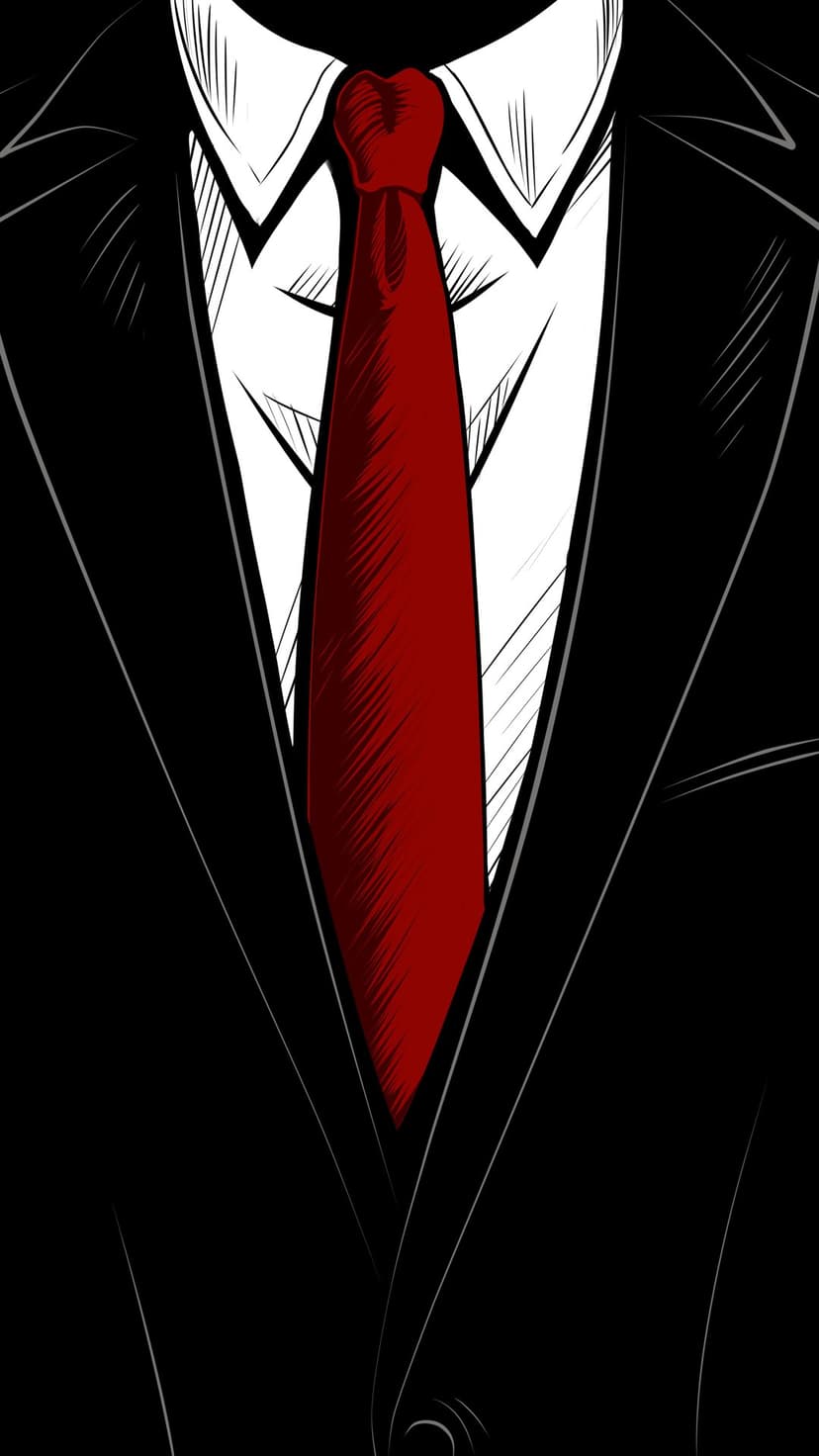 Close-up of a man in a black formal suit, white collared shirt, and vibrant red tie with high contrast shading.