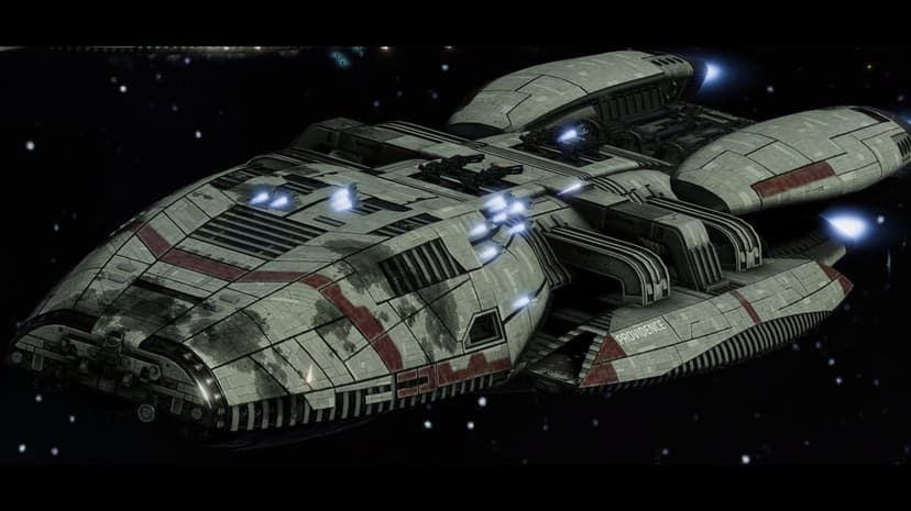 Providence spaceship with grey armored plating and red stripes glides through a star-filled deep space void.