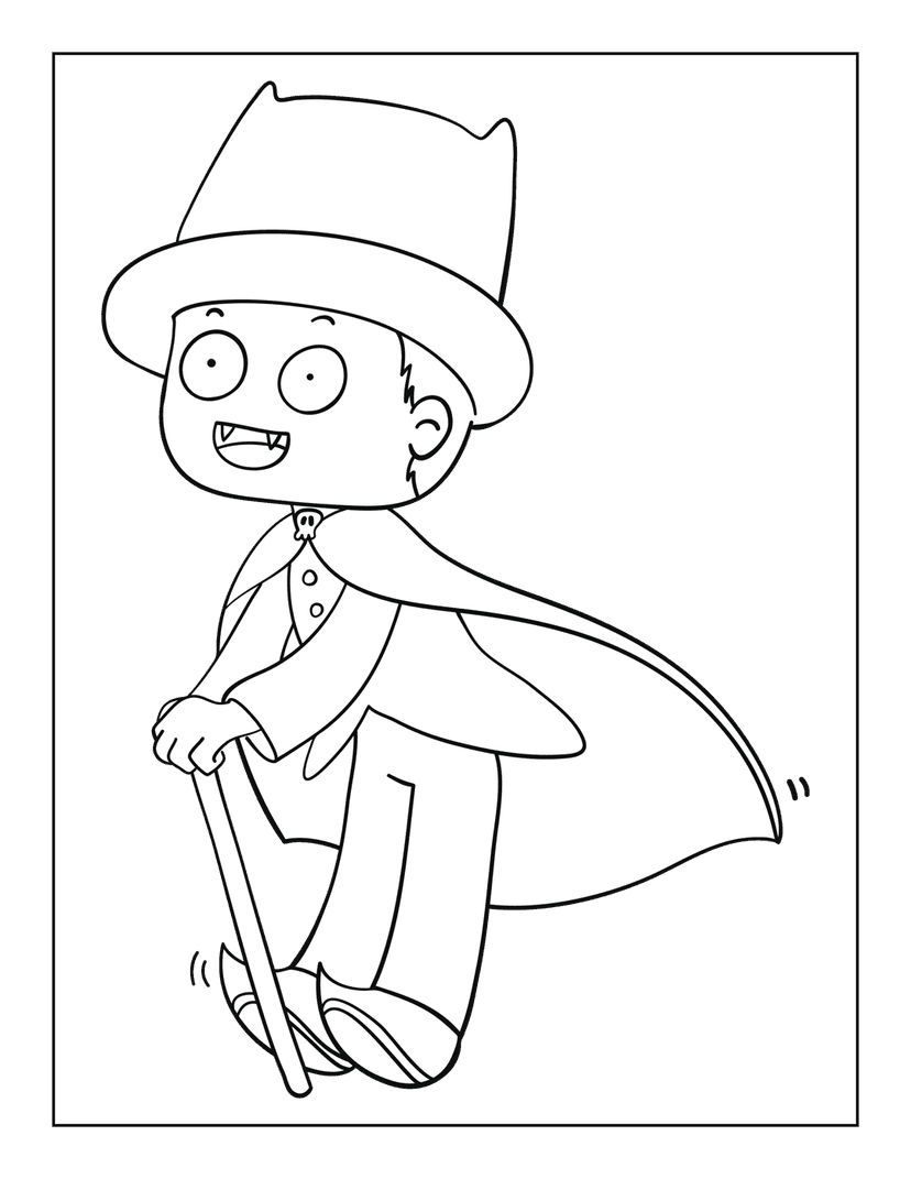 Vampire outline drawing wearing a top hat and cape holding a walking cane in a centered front-facing pose.