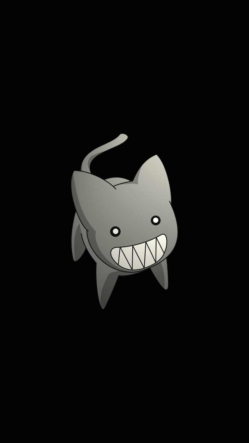 Grey cat character with sharp teeth and blank white eyes grinning against a solid pitch black background.