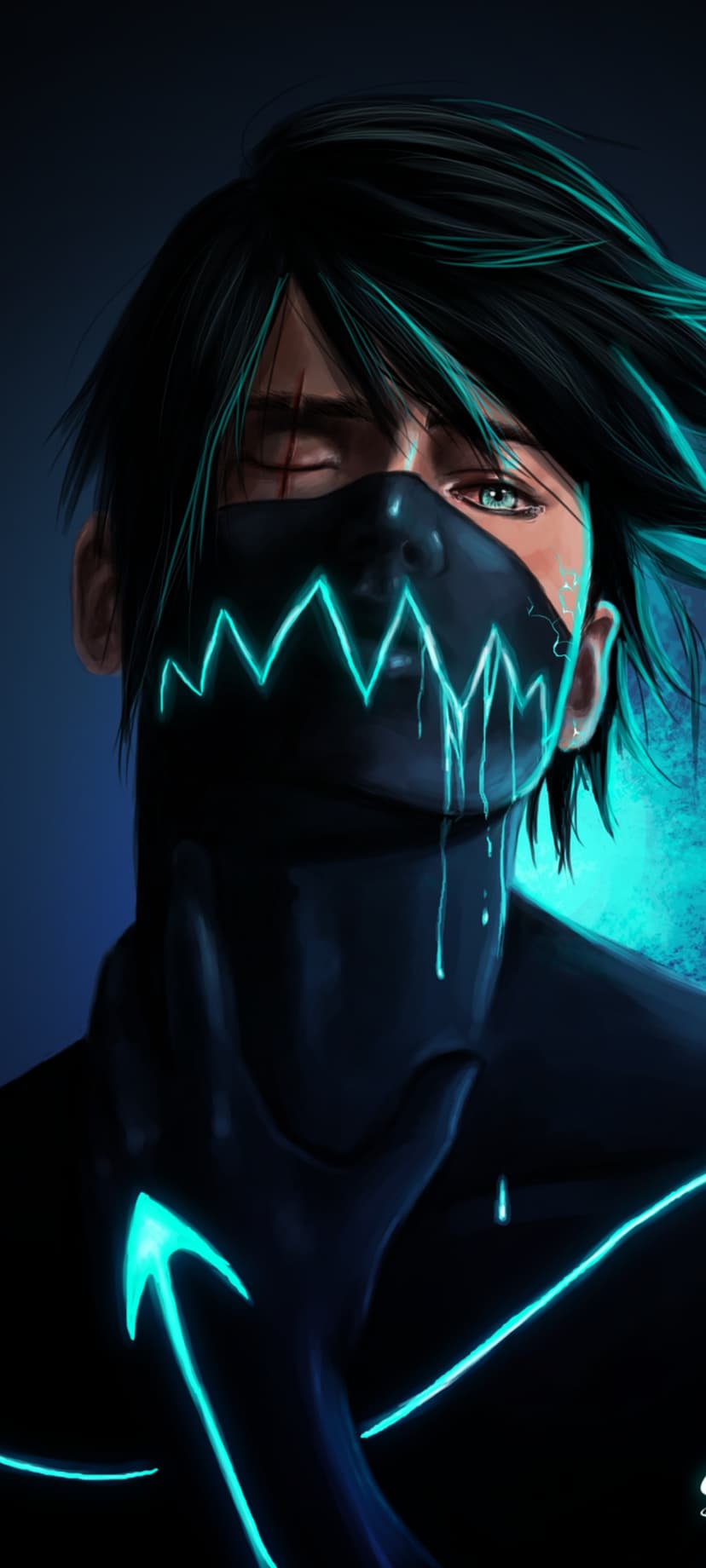 Cyberpunk ninja with a glowing blue mask and black hair posing with a hand to their chin in dark lighting.