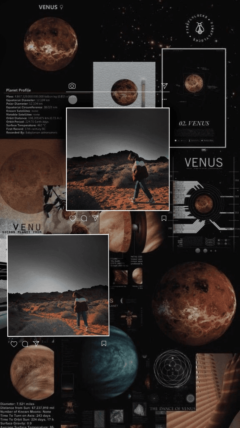 Tiny silhouette walks across orange sand dunes beneath a giant floating planet Venus and scientific charts.