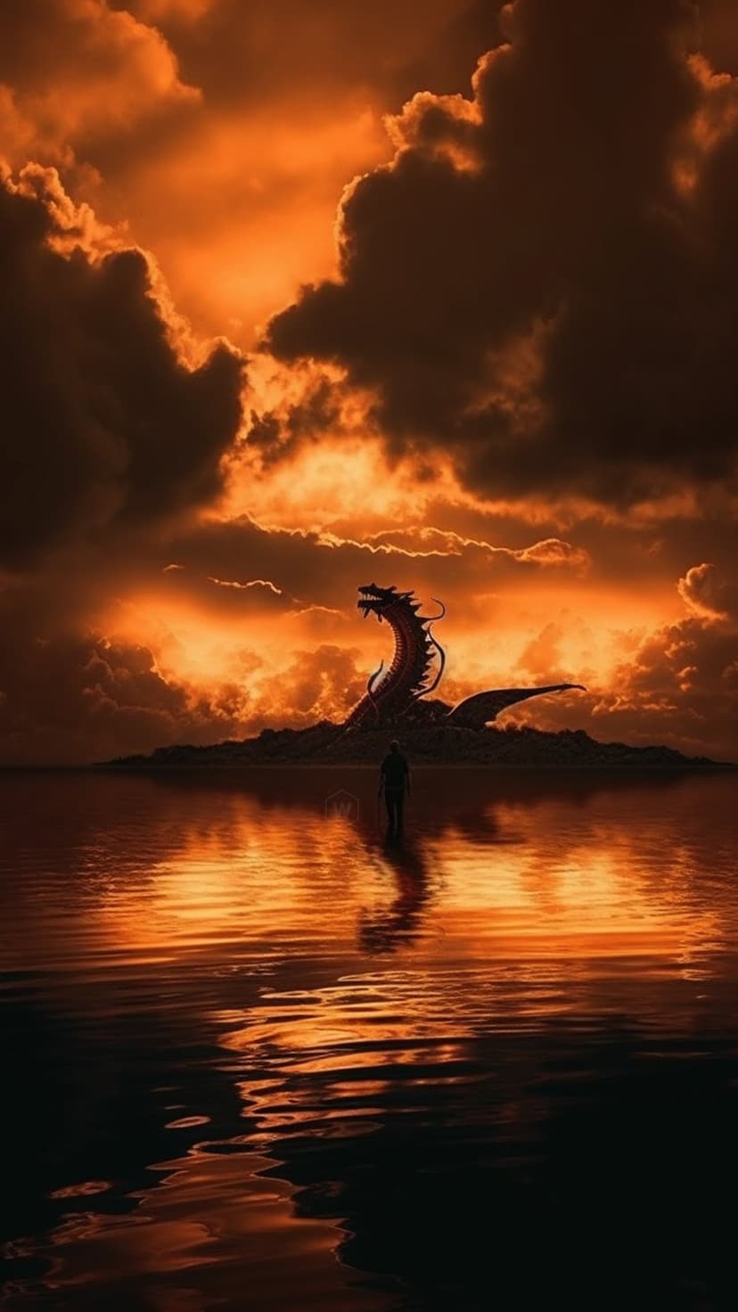 Red dragon perched on a jagged island reflects in still water under a burning orange sunset and storm clouds.
