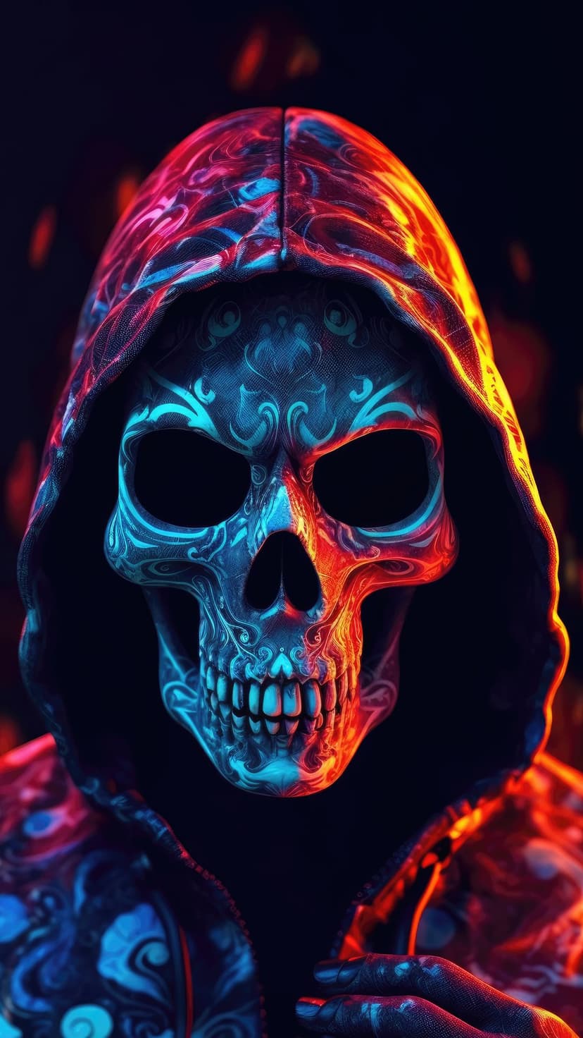 Hooded skull with ornate red and blue patterns glows under warm orange light against a black background.